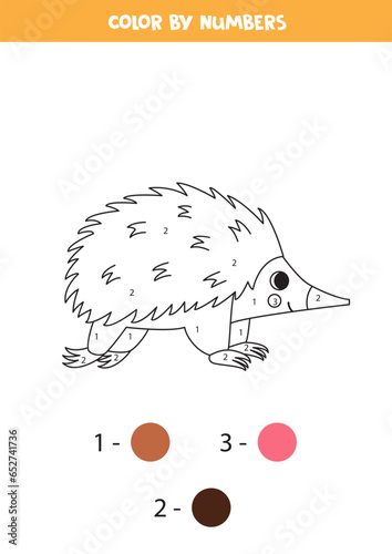 Color cartoon echidna by numbers. Worksheet for kids.