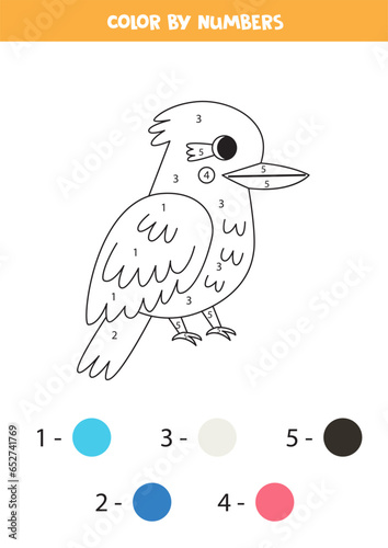 Color cartoon kookaburra by numbers. Worksheet for kids.