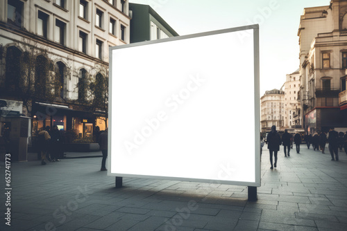 advertising white empty Billboard in the middle of the modern city area at evening photo
