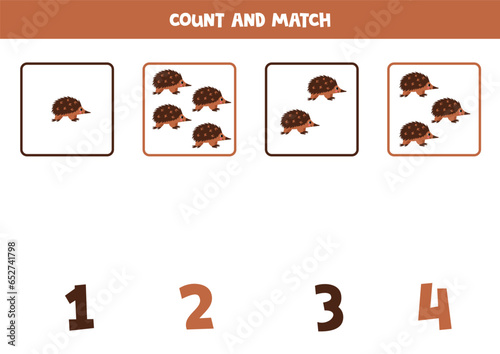 Counting game for kids. Count all echidna and match with numbers. Worksheet for children.