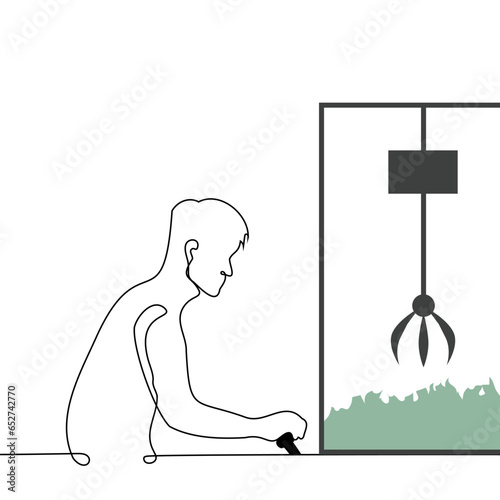 man plays a slot machine with a grab tap where he tries to win as many banknotes as possible - one line art vector. concept endless thirst for profit, financial trap