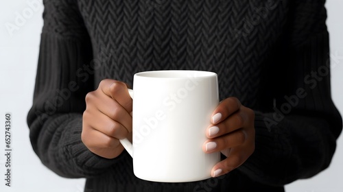 White mug in woman's hands mockup