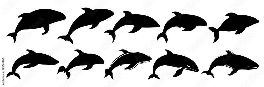 Fototapeta premium Whale orca silhouettes set, large pack of vector silhouette design, isolated white background