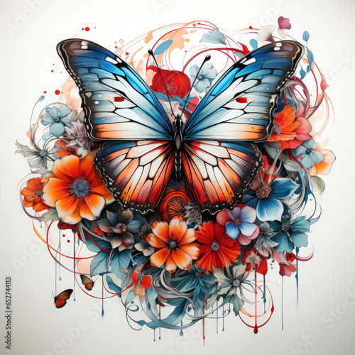 Watercolor Butterfly with flowers Illustration  Generative Ai