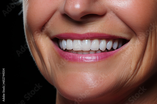 Closeup mouth of a laughing young woman with white teeth implants, overbite photo
