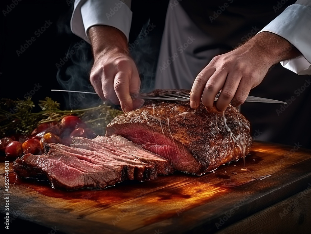 hands of shef placing cooked steak on a table