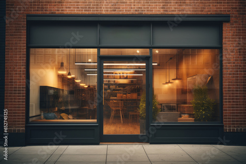 Tela Cozy Store or cafe Front Design with Brick Exterior and Window View