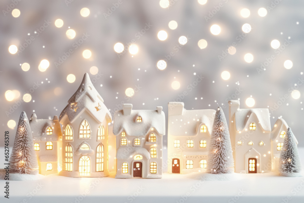 Ceramic houses cozy miniature village decoration Christmas, New Year modern copy space background.