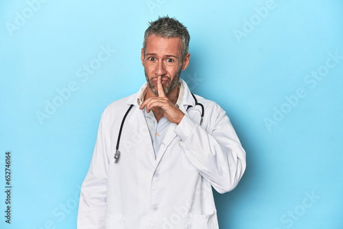 Caucasian middle-aged doctor on blue background keeping a secret or asking for silence.