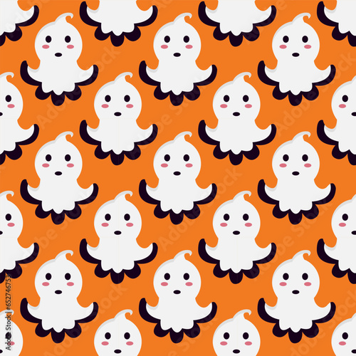 Vector seamless pattern with cute ghosts for Halloween. Texture with white ghosts on orange background. Background with paranormal creatures. Vector kids illustration in flat style