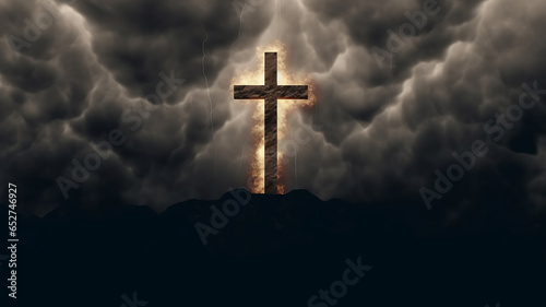 a glowing cross against a gloomy sky concept faith religion. © kichigin19