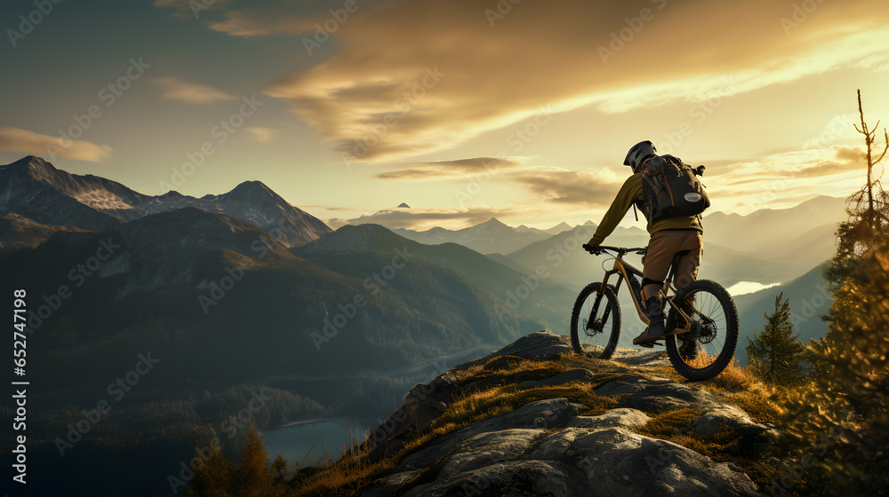 Fototapeta premium Marvel at the breathtaking vistas as a mountain biker pauses on a ridge to take in the panoramic view of a mountain range. This serene yet awe-inspiring image combines the beauty of the natural world.