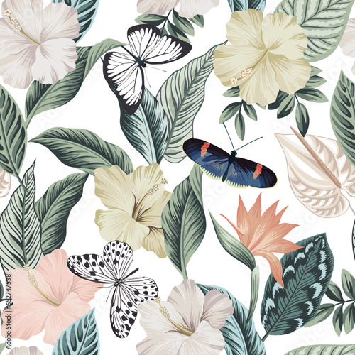 Butterflies, hibiscus and leaves tropical seamless pattern. Floral wallpaper.