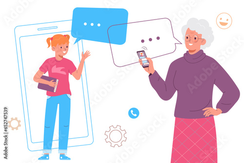 Grandma talks to her granddaughter over the Internet. An elderly woman uses smartphone to communicate. Online communication