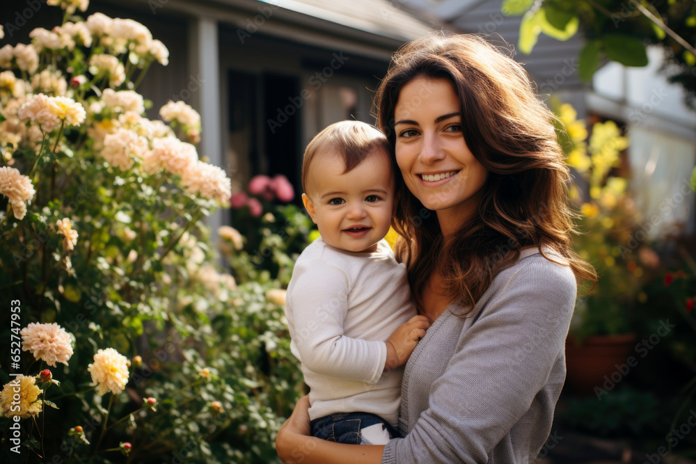 Portrait of beautiful young mother with her little son in the garden. Generative Ai Portrait of beautiful young mother with her little son in the garden. Generative Ai