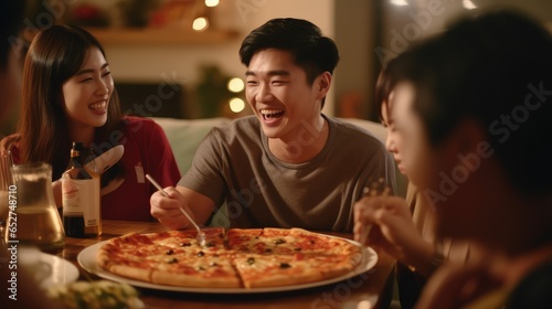 Group of Asian teen people enjoy eating pizza and drinking soda  don t care healthy food in front of table at home  Generative AI