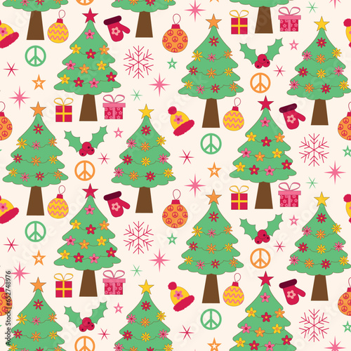 Retro 70s Christmas Trees with hippie flowers seamless pattern, peace signs, ornaments, gifts and winter cloths.