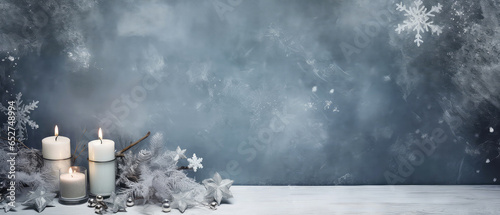 Christmas cozy still life composition with candles, snowflakes, decoration on grey concrete texture background. New year banner, mockup. Generative ai.