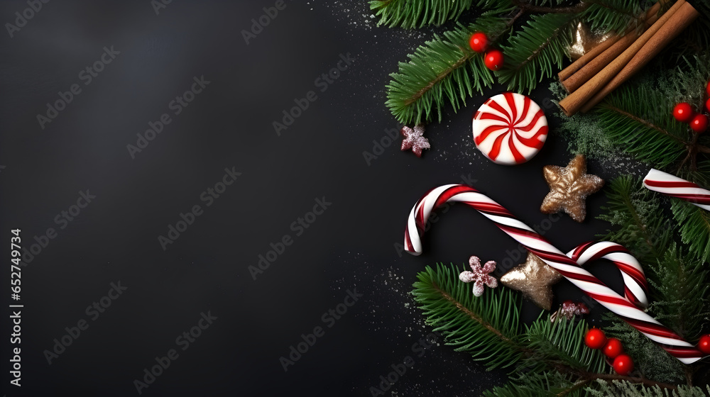 Christmas dark background with Christmas decorations, Christmas candy canes, fir branch Christmas dark background with Christmas decorations, Christmas candy canes, fir branch