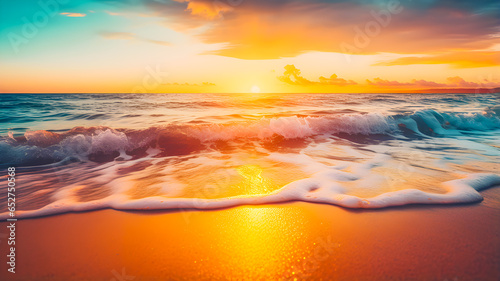 Sunrise on the beach - vintage filter. Sea waves lash line impact rock on the bea. Seaside under a rough sky © sanjit536