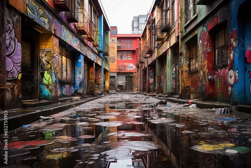  Graffiti-covered alleyway with vibrant street art, Generative AI © Shooting Star Std