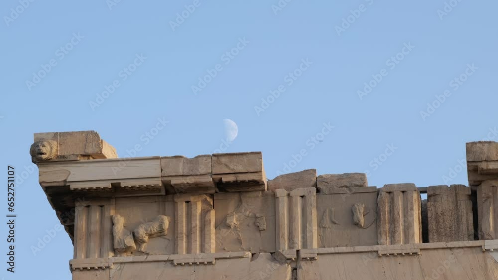 Parthenon Temple and Waxing Moon at the Acropolis in Athens Greece Blue Sky Afternoon Timelapse Parthenon Temple and Waxing Moon at the Acropolis in Athens Greece Blue Sky Afternoon Timelapse