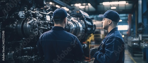 happy two engineers talk and discuss in factory of industry with big engine background, Generative AI