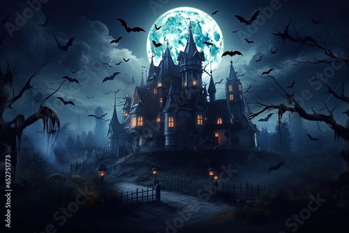 halloween night scene with haunted house