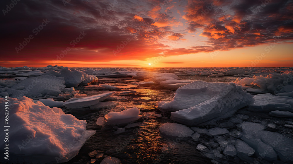 Ocean's Ode: Awe-Inspiring Sunset with Floating Ice and Golden Glow