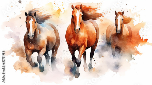 running horses watercolor on a white background dynamics composition art.