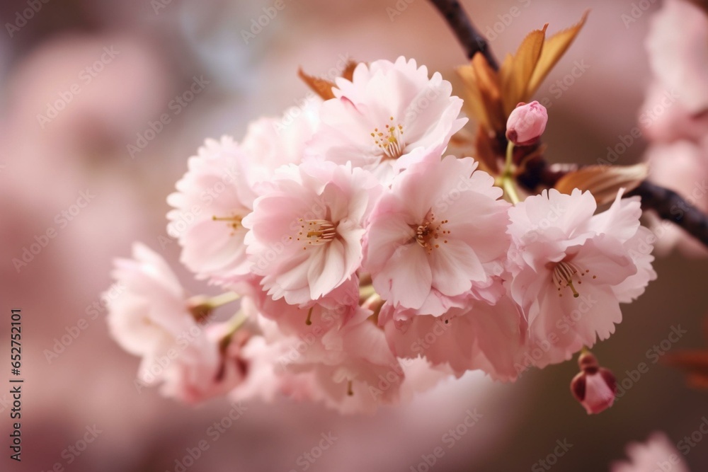 Close-up of soft pink cherry blossom flowers during spring. Generative AI