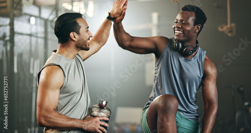 Happy man, friends and high five in fitness, teamwork or workout in exercise, motivation or gym together. People touching hands in success for sports training, healthy wellness or team in body goals