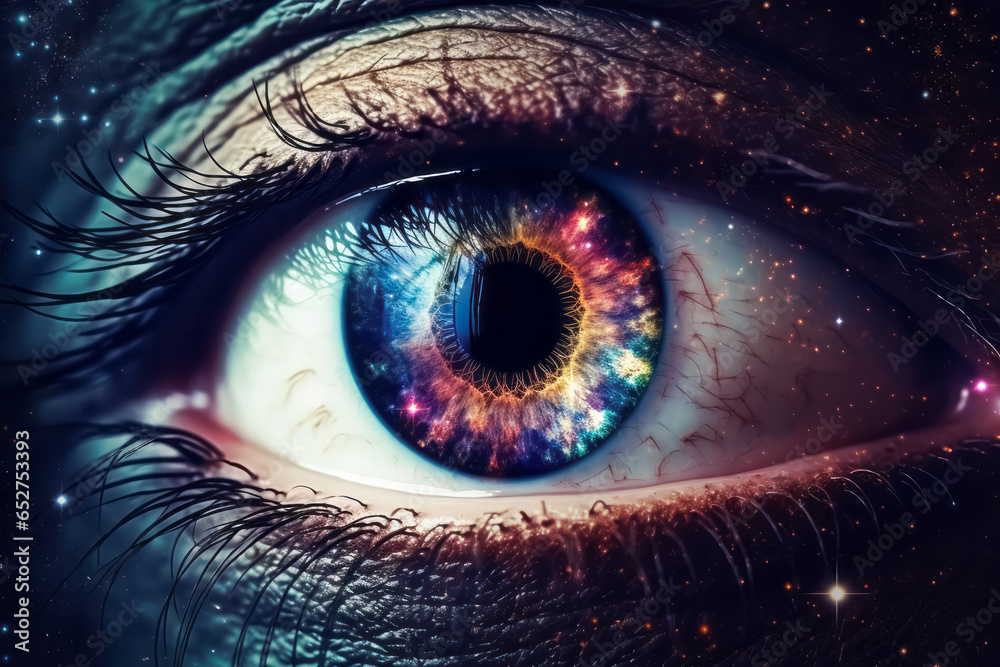 Surreal eye of universe. Galaxy vision. All-seeing eye, cosmic order, spiritual guidance concept. Surreal eye of universe. Galaxy vision. All-seeing eye, cosmic order, spiritual guidance concept.