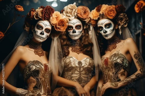 Portrait of three female models in traditional costumes and with skull makeup faces. Day of the Dead celebration concept. © Androlia