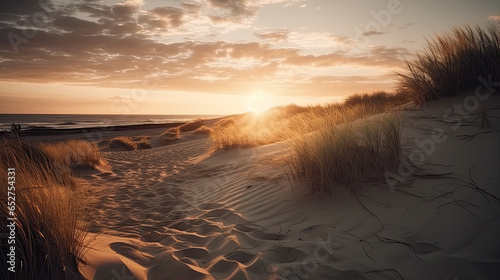 Golden Horizons: Cinematically Lit Sand Dunes on the Beach