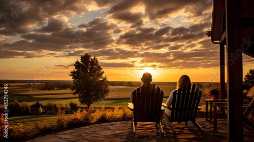 Bask in the golden hues of a stunning farm sunset. Guests relax on a porch, sipping tea and taking in the breathtaking view of the sun setting over a serene landscape.