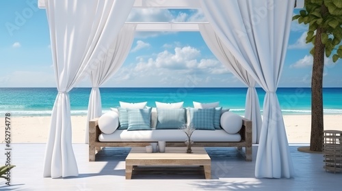 Beach lounge, ocean villa on Sea view for vacation and summer on sea view and blue sky background, Generative AI