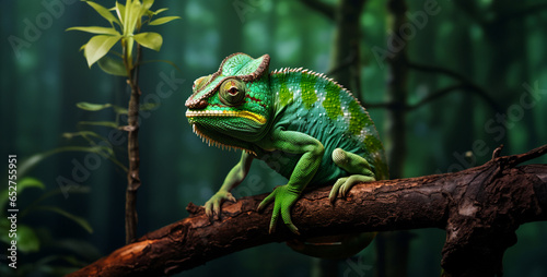 Canvas Print green chameleon hanging on a tree hd wallpaper