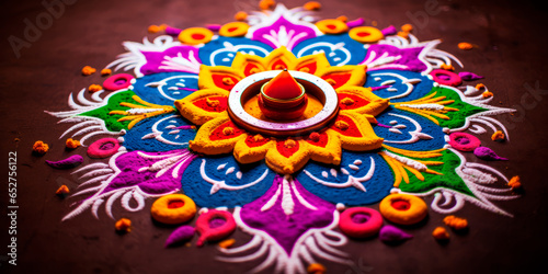 an intricate and colorful rangoli design created on the floor using vibrant powders. Diwali background. AI generative. photo