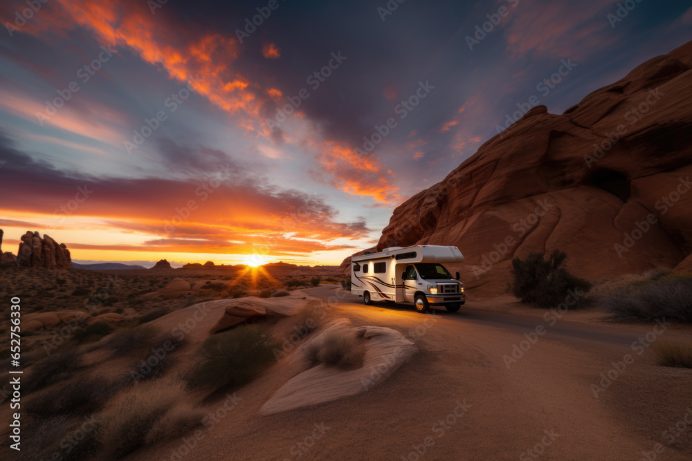Motorhome RV camper van on the road at sunset. 