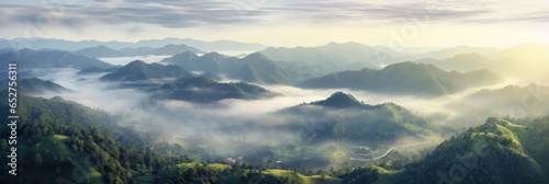 Aerial view of Foggy landscape in the jungle. Fog and cloud mountain tropic valley landscape. Generative Ai