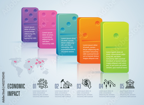 concept of financial crisis or economic impact, graphic of colourful dominos as business infographics