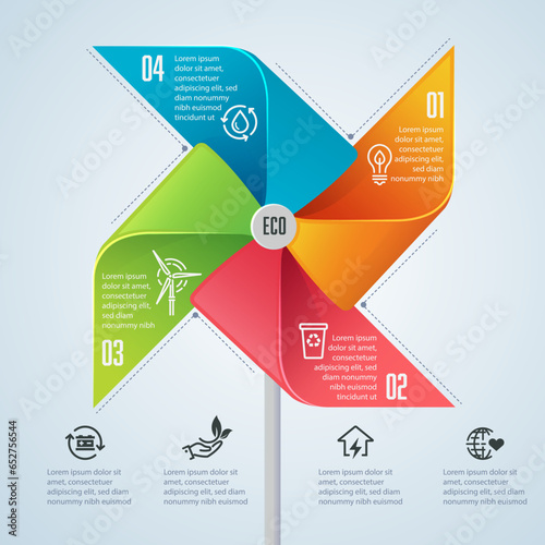 eco friendly infographics and idea for decoration, graphic of colourful paper turbine as ecology infographic background