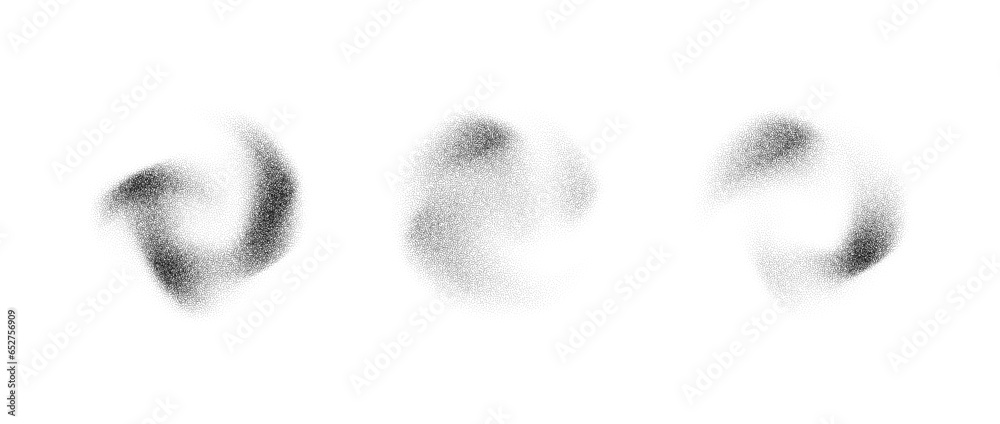 Abstract fluid stippled gradient elements. Noise grain texture stains shape set. Black and white dotted spray forms and sand dust spots. Halftone splatter shades collection. Vector dot work splashes