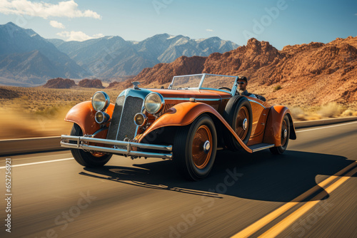 Classic 1930s roadster speeding along a desert highway, Generative AI photo