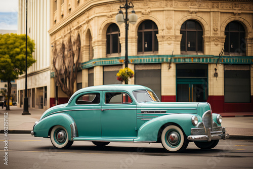 Classic 1940s sedan parked in front of an art deco building, Generative AI