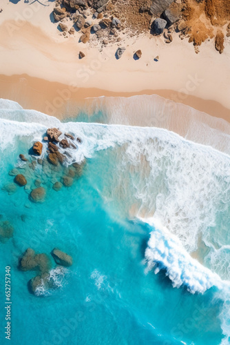 Drone Captured Beauty of Azure Blue Water Meeting Sandy Beach Coastline - Celebrating Nature’s Splendid Coastal Landscapes. Generative AI.