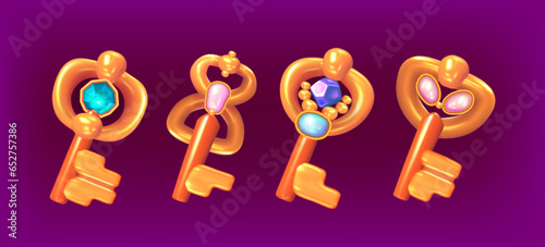 Set of old golden keys ui elements with glowing gemstones and crystals. Collection of game props, level awards. Gui design elements, magic objects. Cartoon graphics for quest, rpg or arcade.