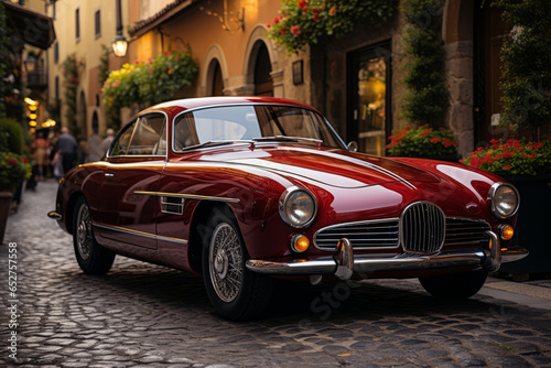 Classic Italian sports car parked on a cobblestone street, Generative AI © Shooting Star Std
