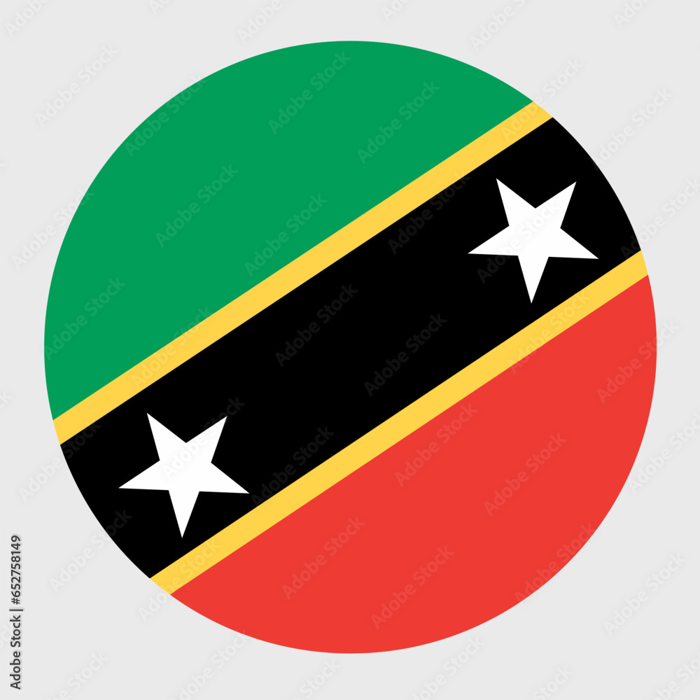 Vector illustration of flat round shaped of Saint Kitts and Nevis flag. Official national flag in button icon shaped. Vector illustration of flat round shaped of Saint Kitts and Nevis flag. Official national flag in button icon shaped.